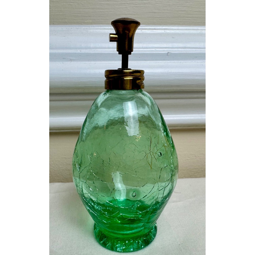 VTG Green‎ Crackle Art Glass Perfume Bottle Brass Atomizer Egg Shaped 4" Vanity